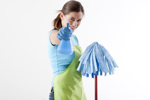 Domestic cleaner tidying a Fulham living room in a period flat